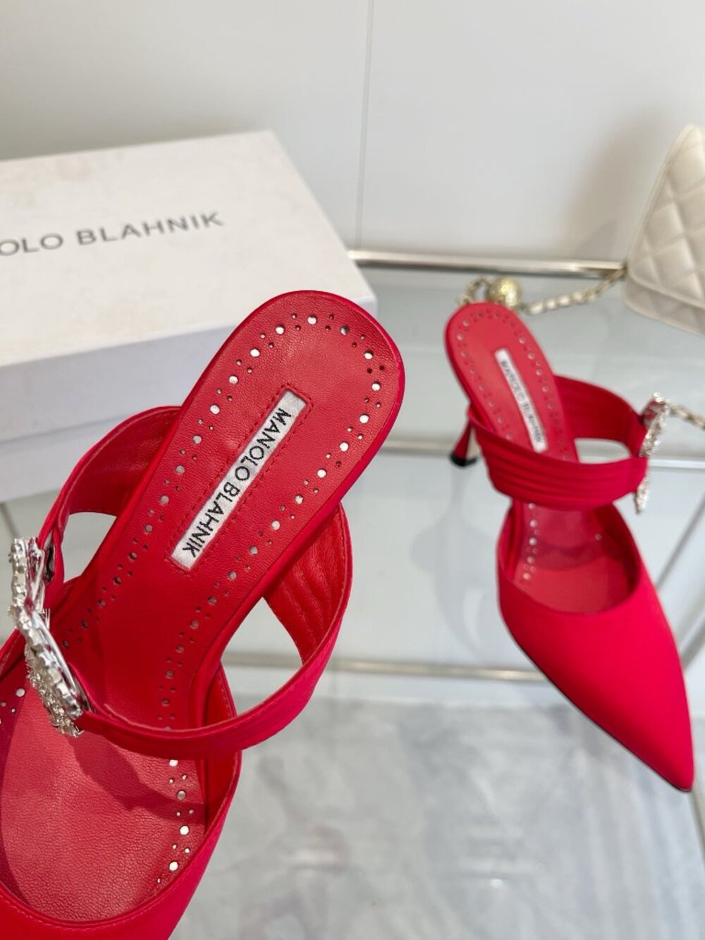 Manolo Blahnik Crystal Embellished Red Satin Pointed-Toe Mules - Picture 2 of 10